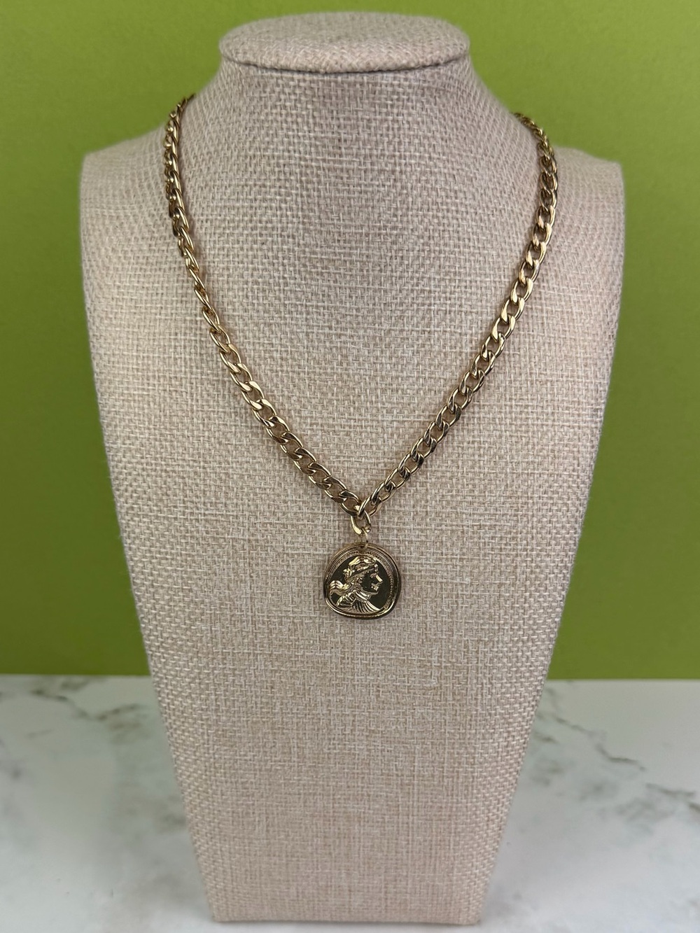 Vintage Style Gold Roman Coin Medallion Necklace • Chunky Curb Chain